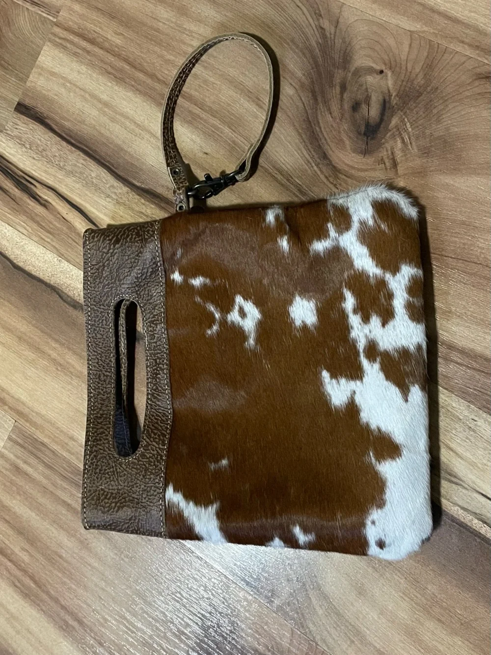 Myra Bag Cowhide Wristlet Clutch Brown White Spotted Hair-On-Hide Western